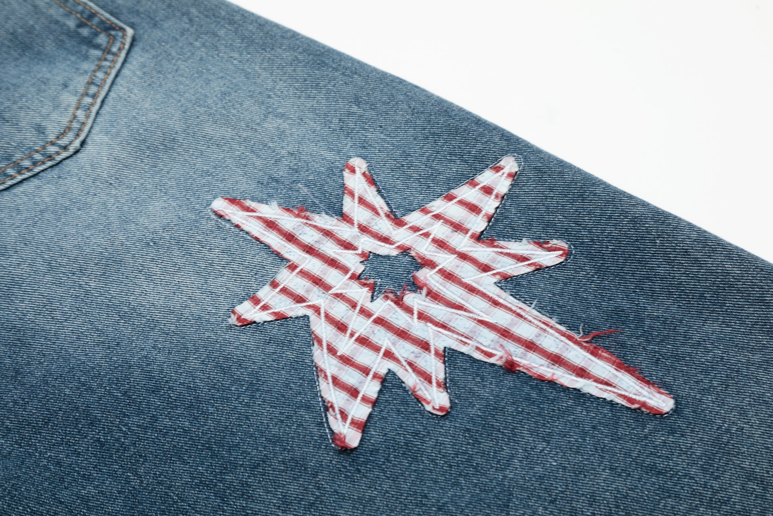 Gingham Star Patchwork Wide-Leg Jeans | Vintage Wash