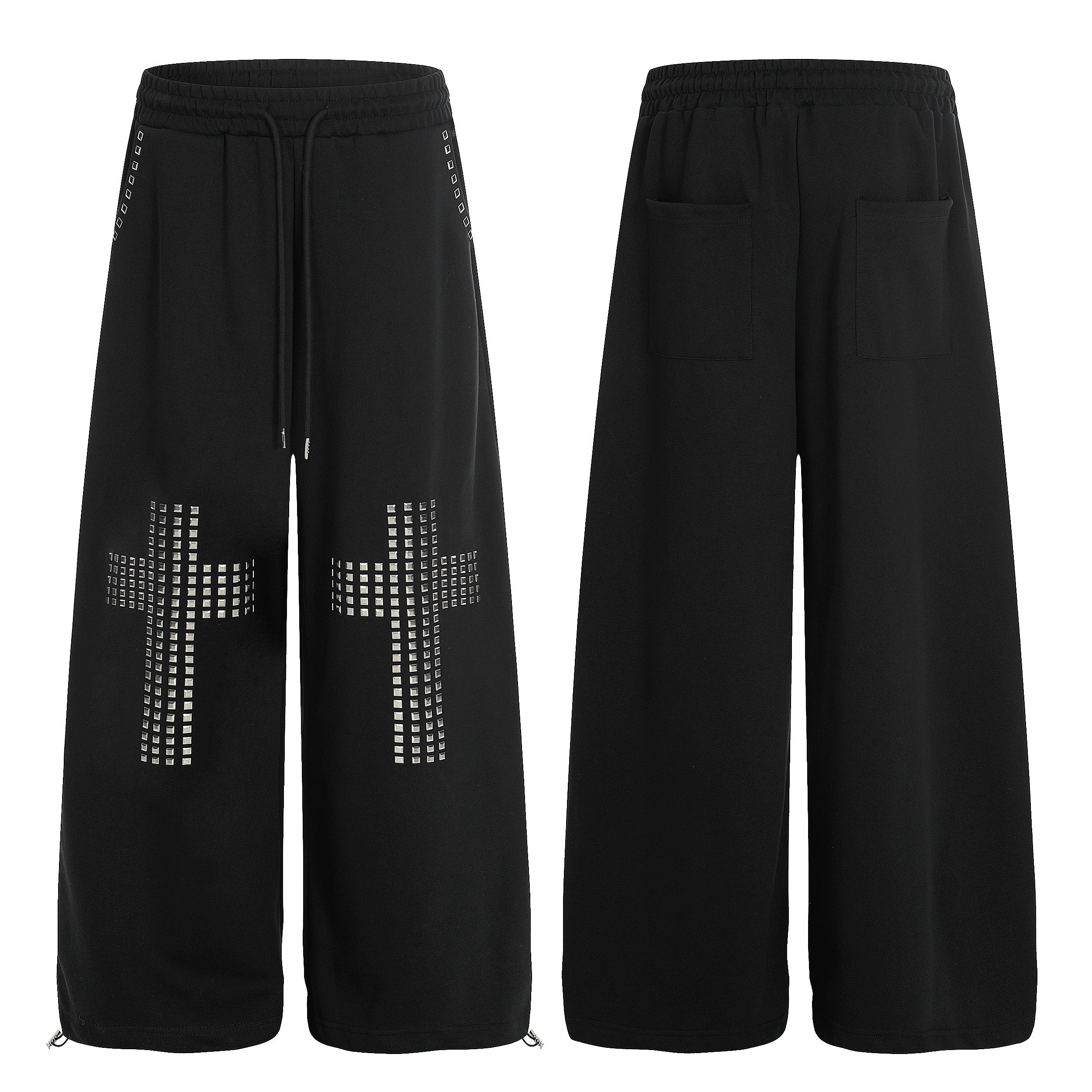 Black wide-leg sweatpants with square metal stud cross motifs on each leg, front and back view