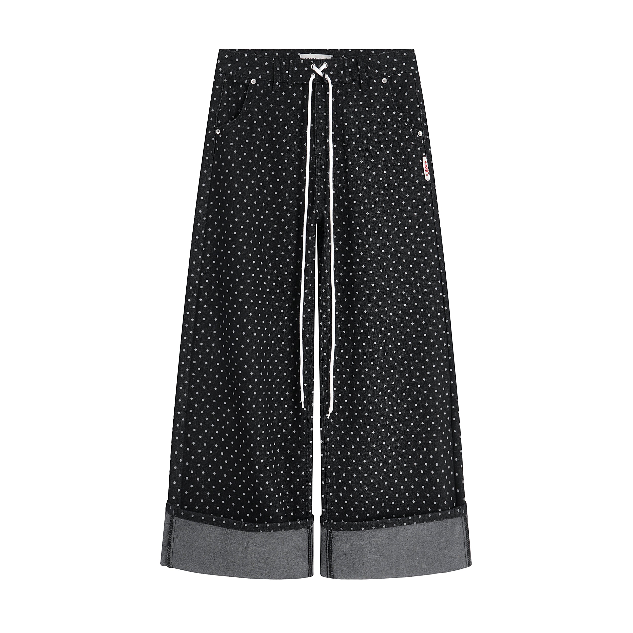 Omirad SP2 Polka-Dot Wide-Leg Denim Pants with Turn-Up Cuffs