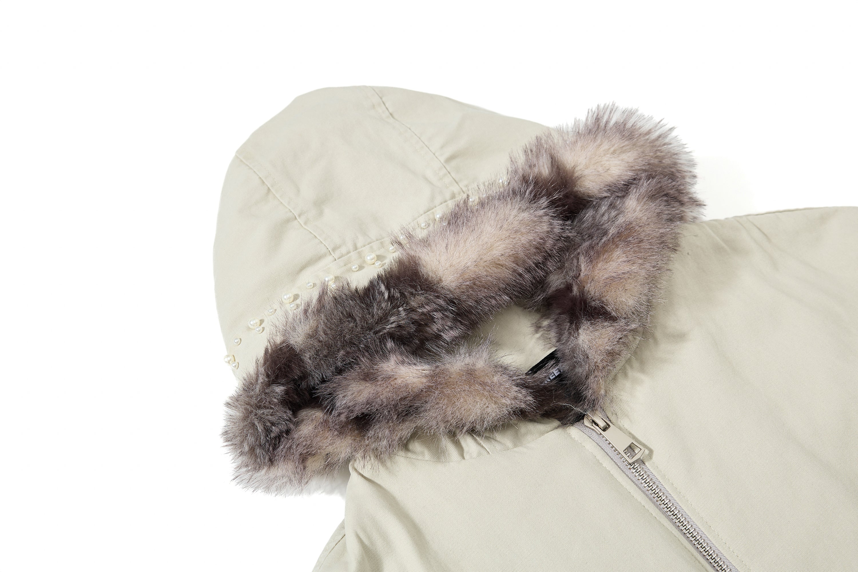 Studded Faux Fur-Trim Hooded Bomber Jacket | Washed Cotton