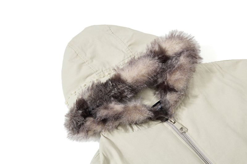 Studded Faux Fur-Trim Hooded Bomber Jacket | Washed Cotton