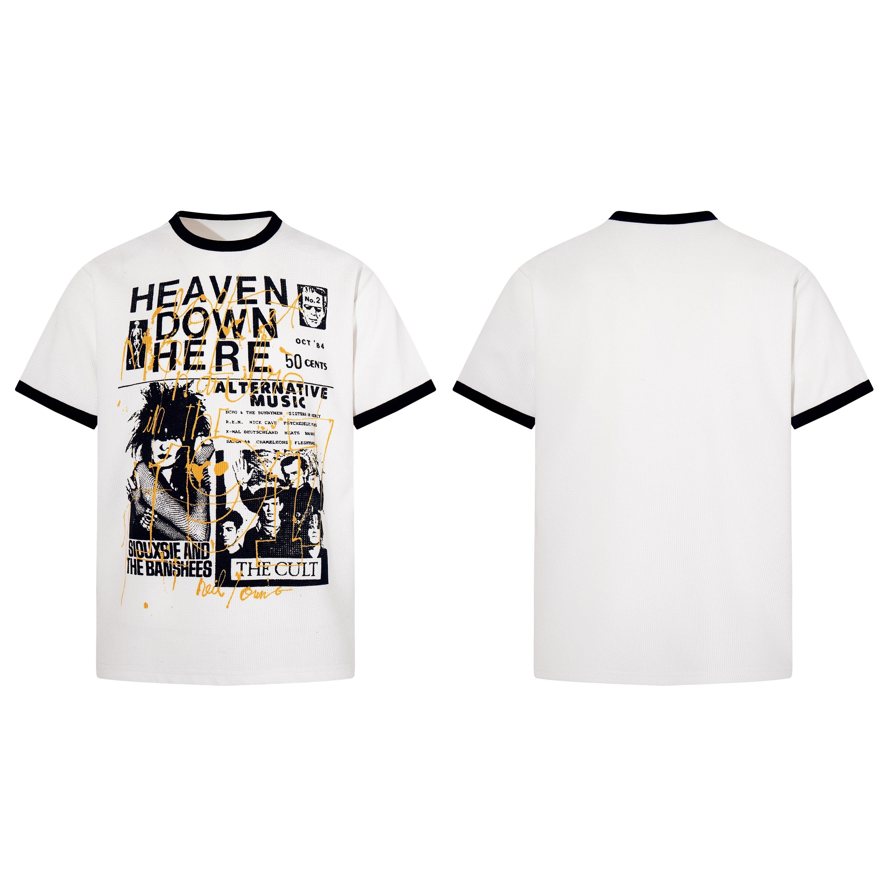 White cotton ringer t-shirt with vintage 1984 alternative music zine collage print featuring Siouxsie and the Banshees and Th