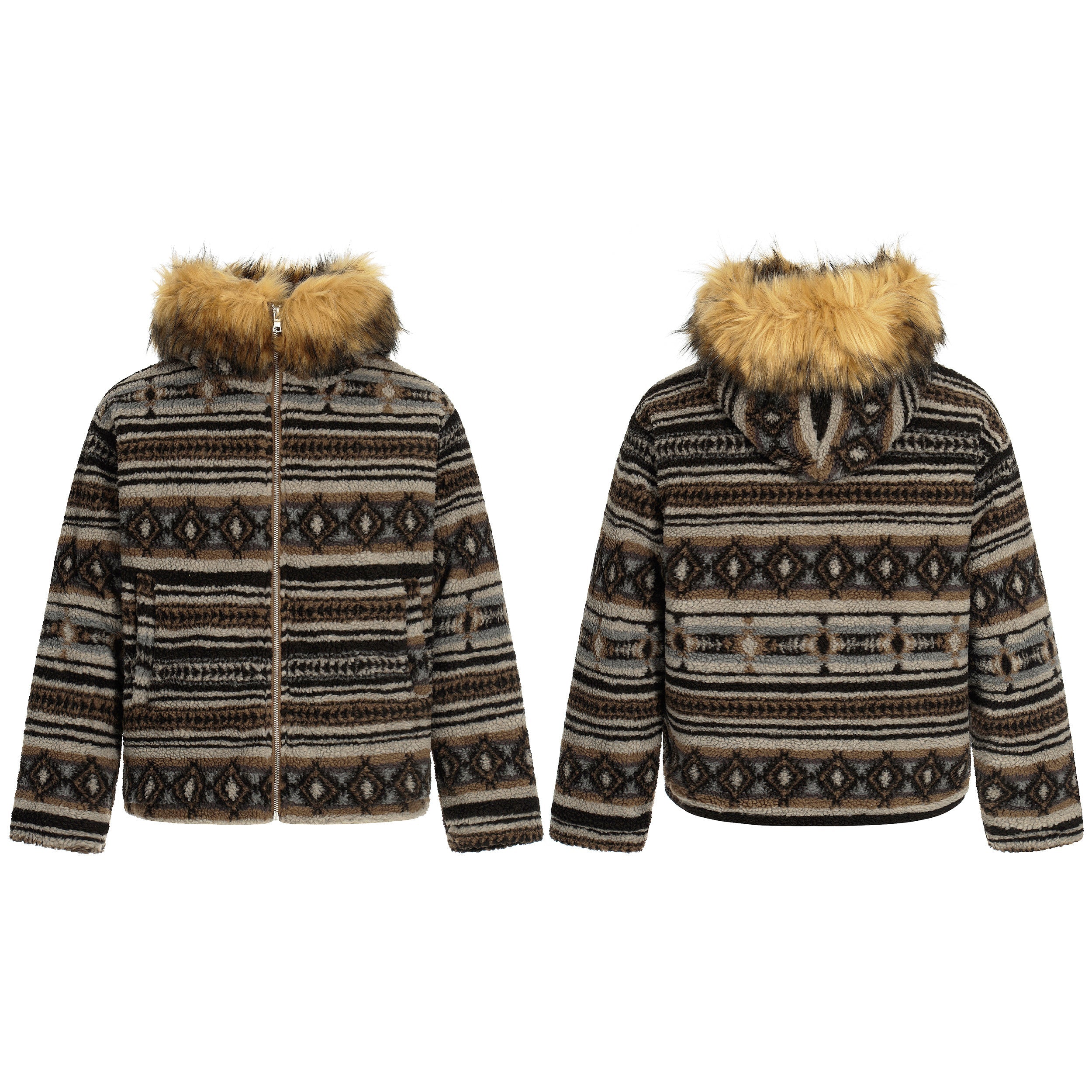 Front and back view of a Nordic-patterned sherpa zip jacket with faux fur-trimmed hood in brown, black, and grey tones