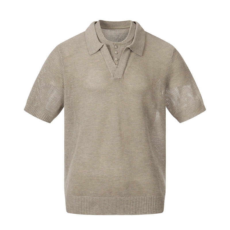 Beige open knit men’s polo shirt with short sleeves, breathable mesh texture, and ribbed hem