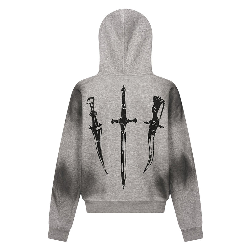 Gray zip-up hoodie back view with black sword graphic and ribbed hem and cuffs