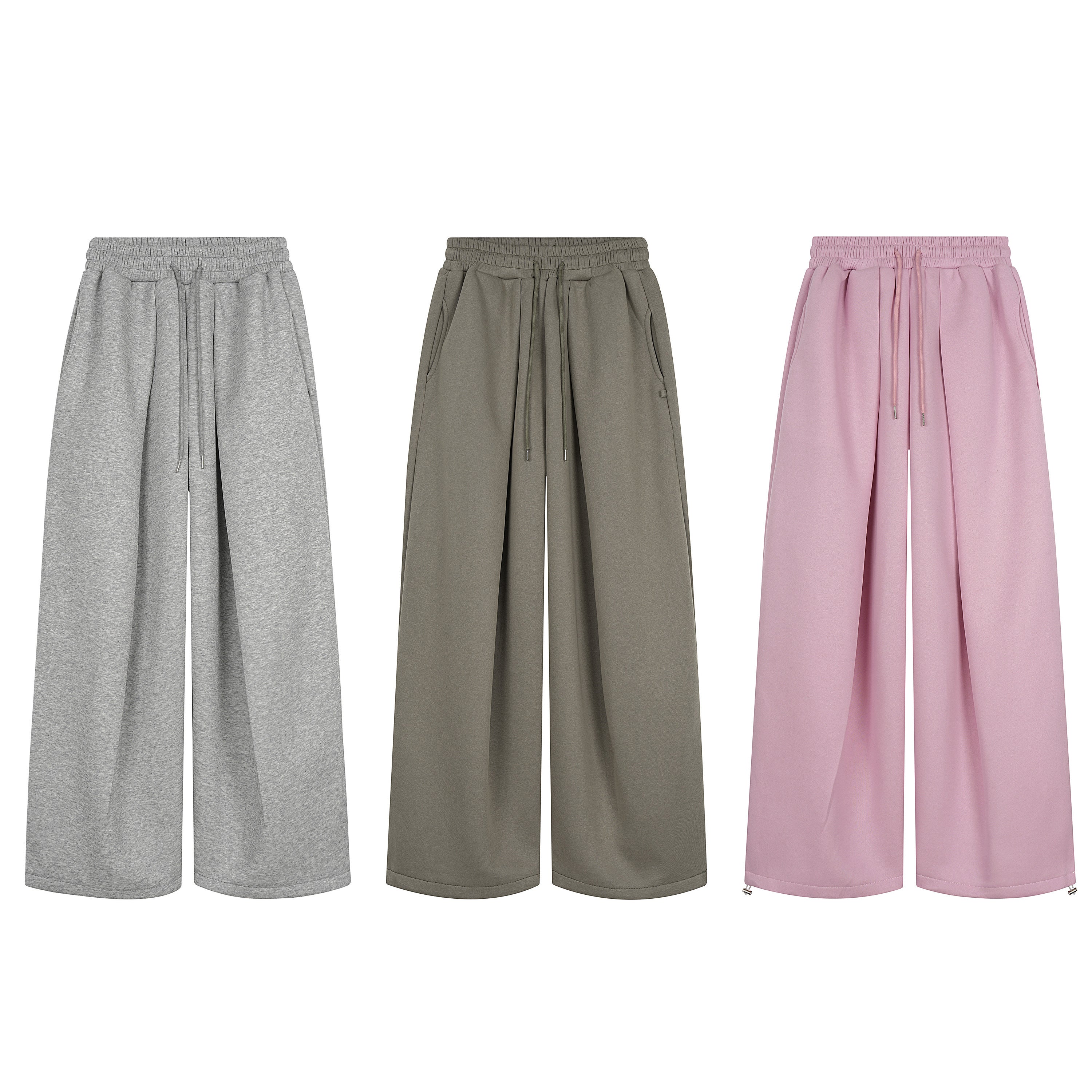 Dusty pink wide-leg sweatpants with elastic drawstring waist, front pleats, and zipper hem detail on white background