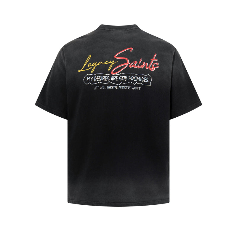 Black washed graphic tee with bold Legacy Saints street art print on the back, featuring red and yellow lettering