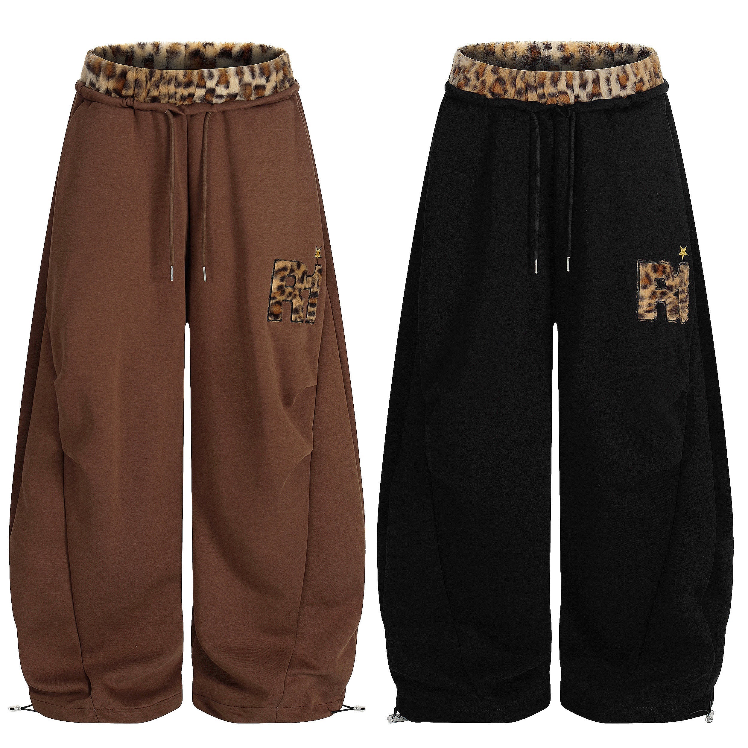 Omirad leopard-trim balloon sweatpants in brown and black with chenille R-star patch, shown front view
