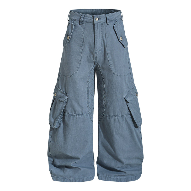 Blue utility cargo pants front view with wide legs and flap pockets