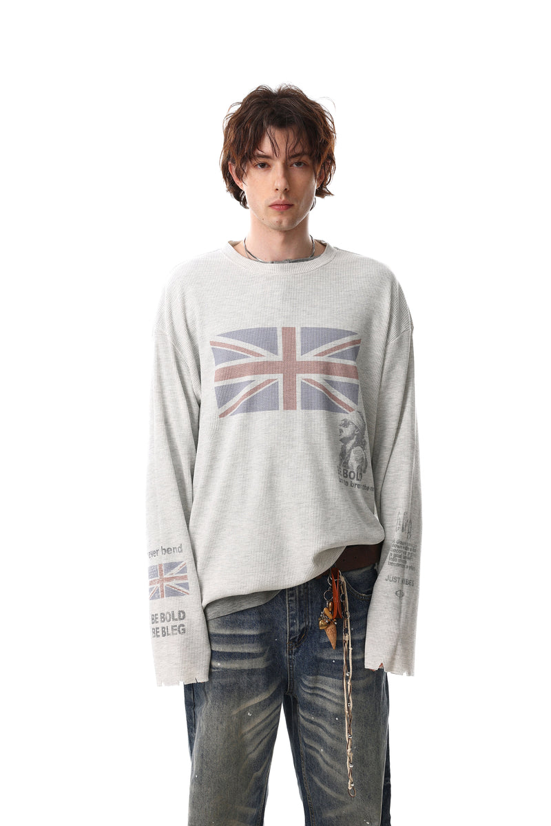 Light gray long sleeve tee on model, front view with Union Jack graphic and distressed hem