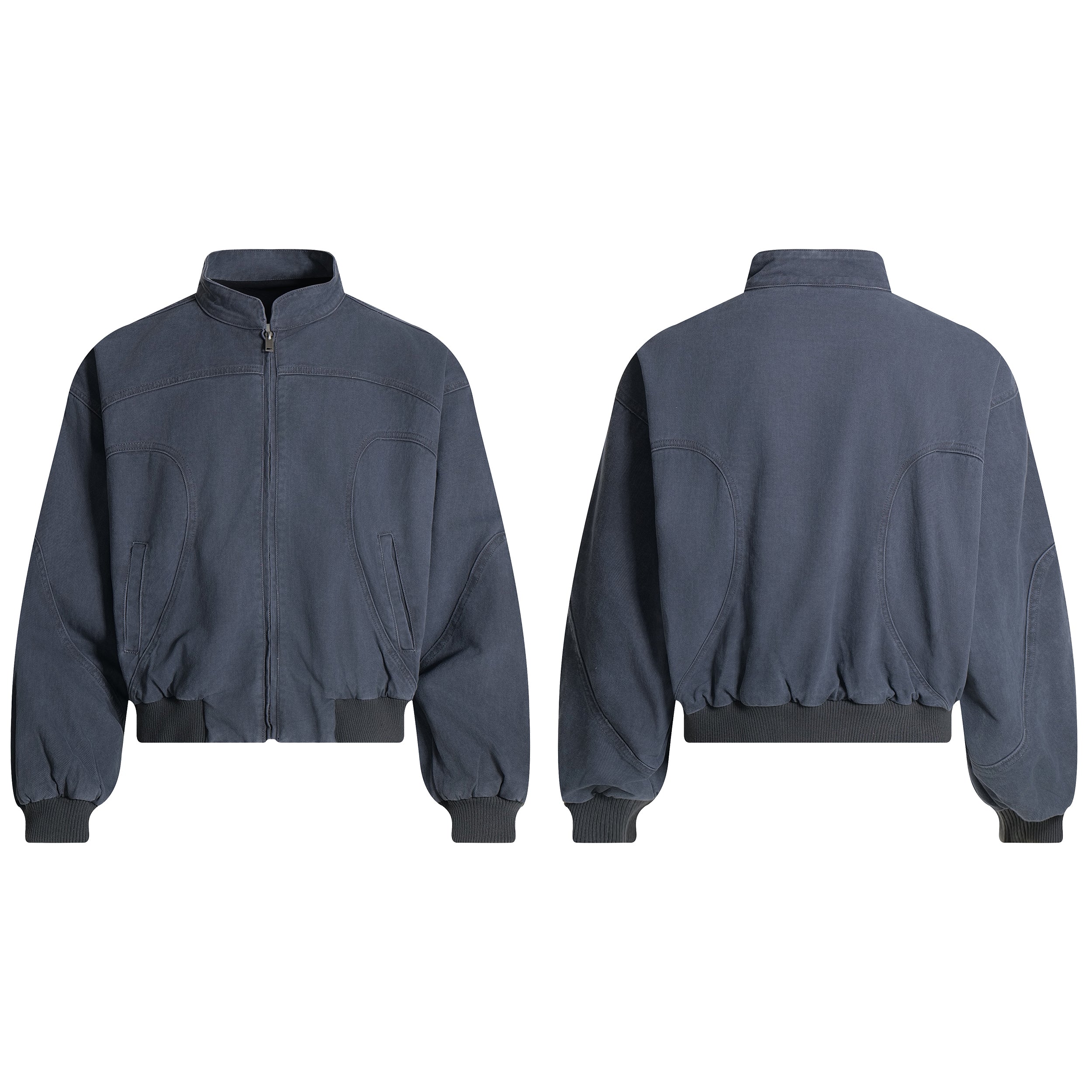 Front and back view of a washed navy cotton bomber jacket with curved seam paneling, stand collar, and ribbed hem