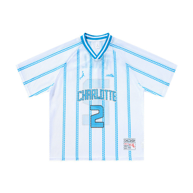 White mesh jersey with blue vertical stripes, Charlotte lettering and number 2 graphic on the front