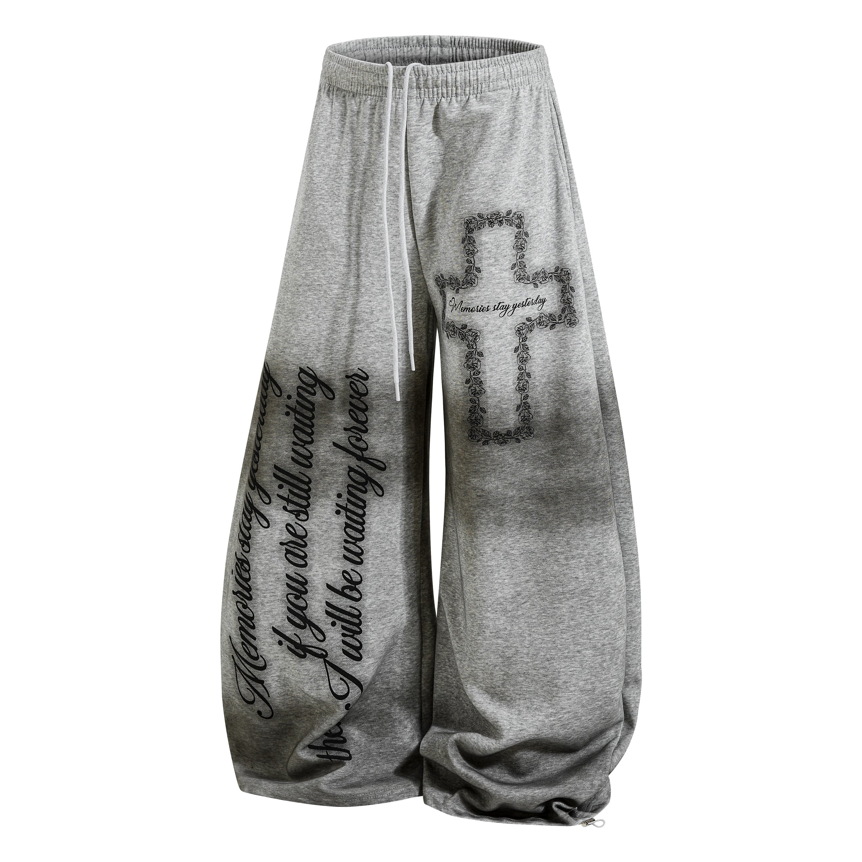 Gothic Cross Script Wide-Leg Sweatpants | Streetwear Joggers