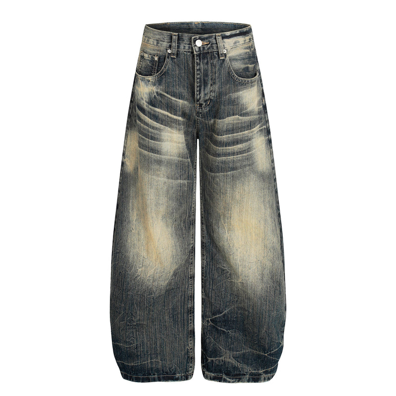 Vintage washed wide-leg denim pants shown from the front with a relaxed fit