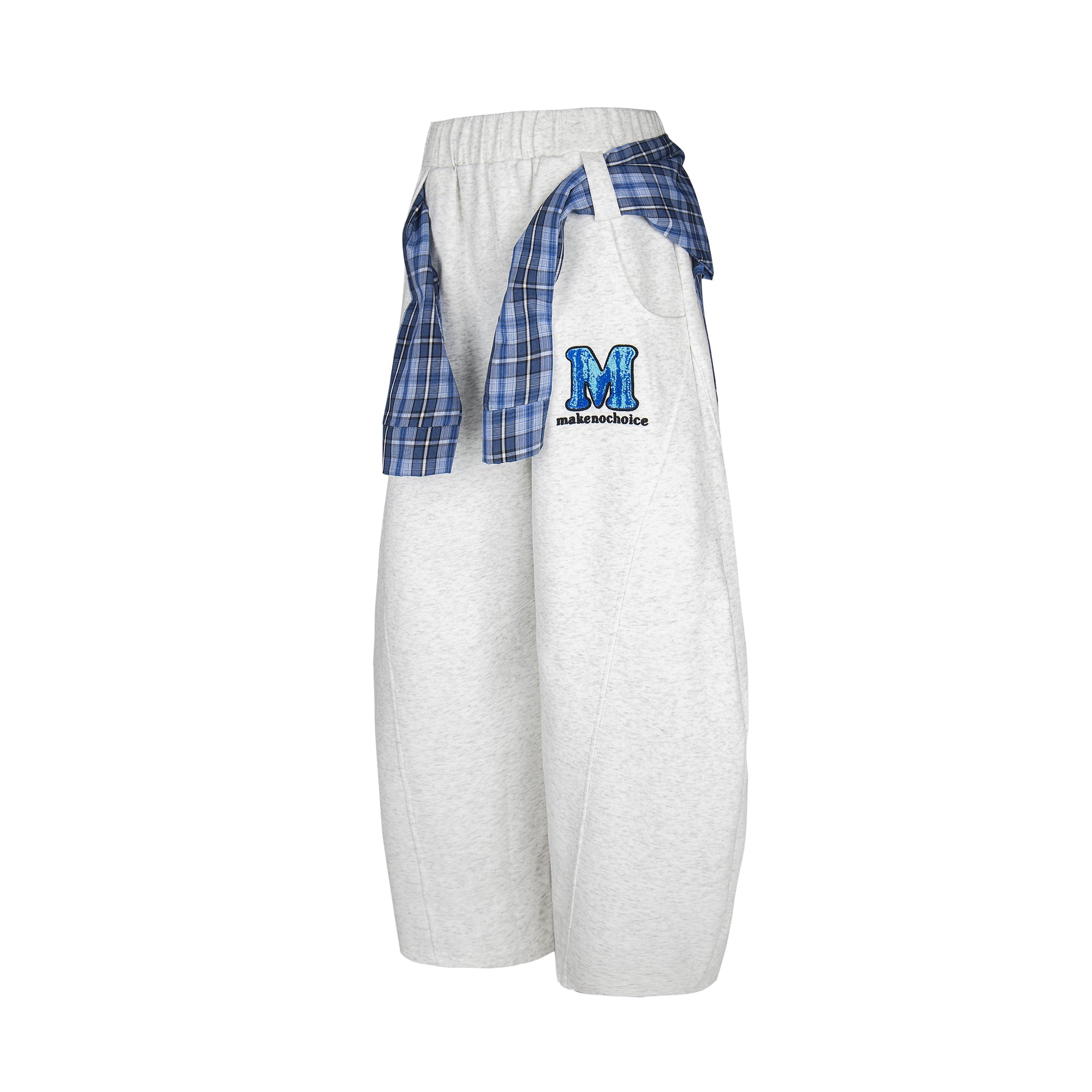 Plaid-Tied Wide-Leg Sweatpants with Chenille Patch | Makenochoice