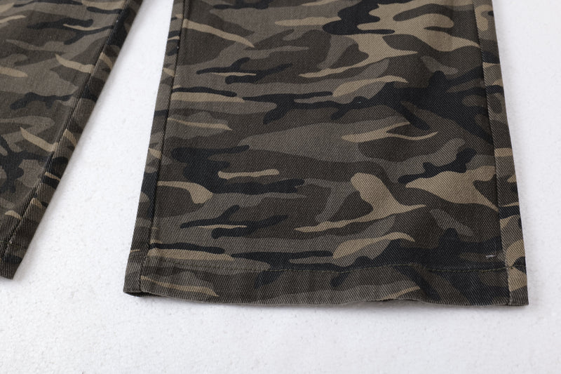 Close-up of lower leg hem on camo cargo pants