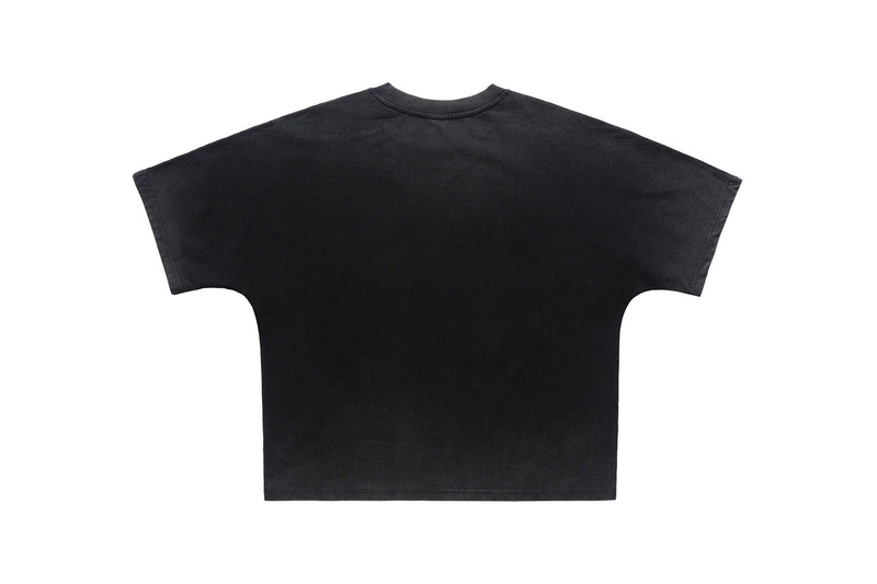 Black oversized vintage wash graphic tee with a relaxed fit and wide short sleeves, shown flat on white background