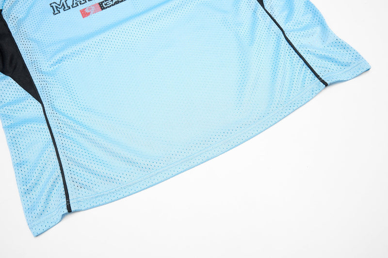 Light blue mesh sports jersey with black side panels and hem stitching, featuring Starline branding and a casual streetwear look