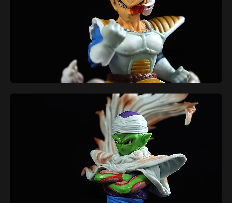 Two Seakoff anime-style action figures on a black background from the Dragon Ball Z Collectible Figure Set. The top one in blue and white armor features a visor, while the bottom figure, Piccolo, is green-skinned with pointy ears, wearing a white turban and cape with crossed arms.