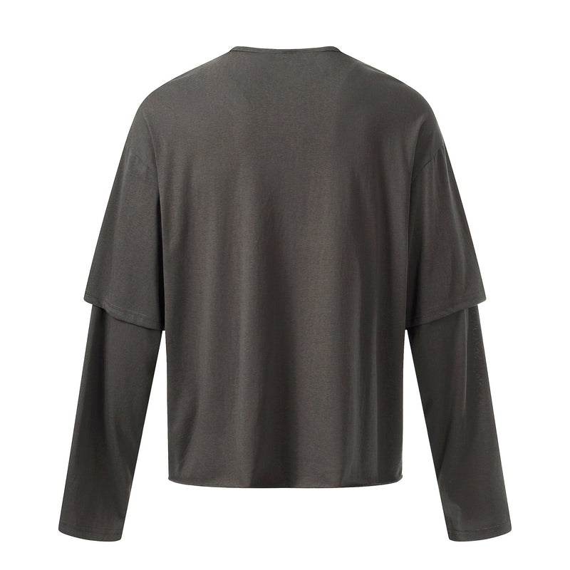 Back view of charcoal layered long sleeve tee with plain rear and dropped short sleeves