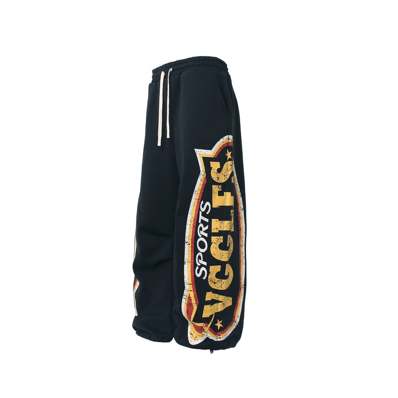 Fleece-Lined Wide-Leg Sweatpants | Distressed Sports Letter Print