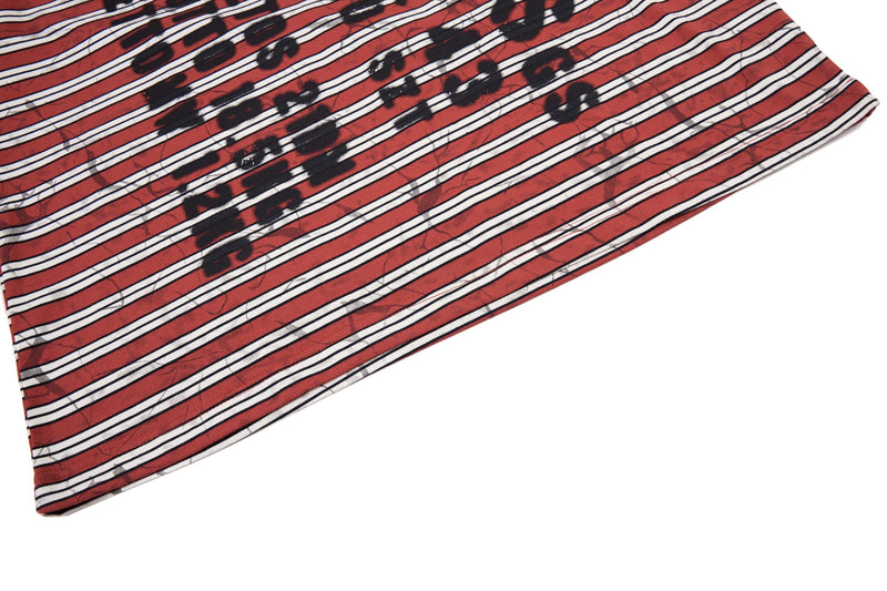 Red and white striped streetwear tee with black graffiti-style print on lightweight cotton
