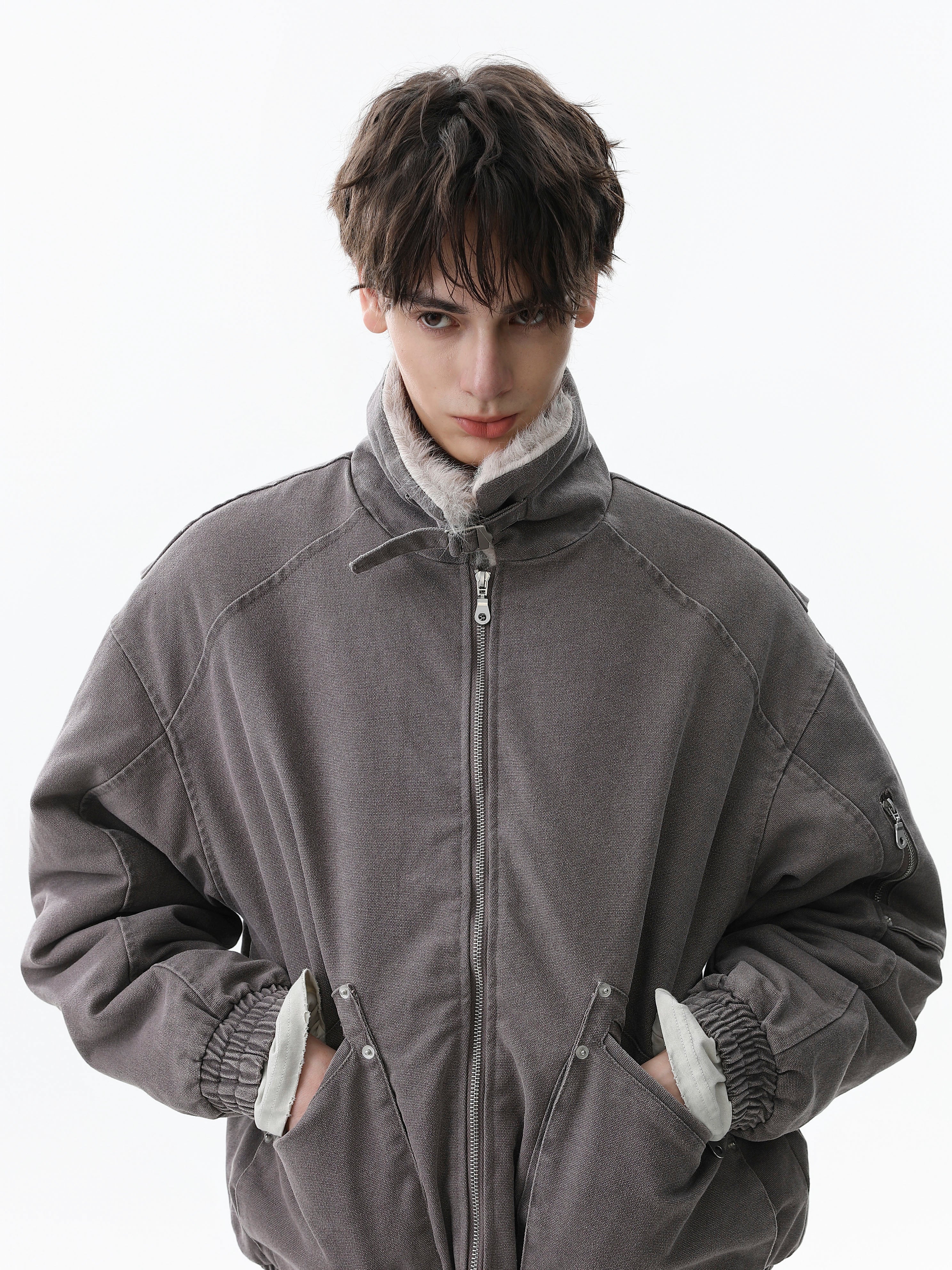 Fleece-Lined Utility Bomber Jacket | Faux-Fur Collar