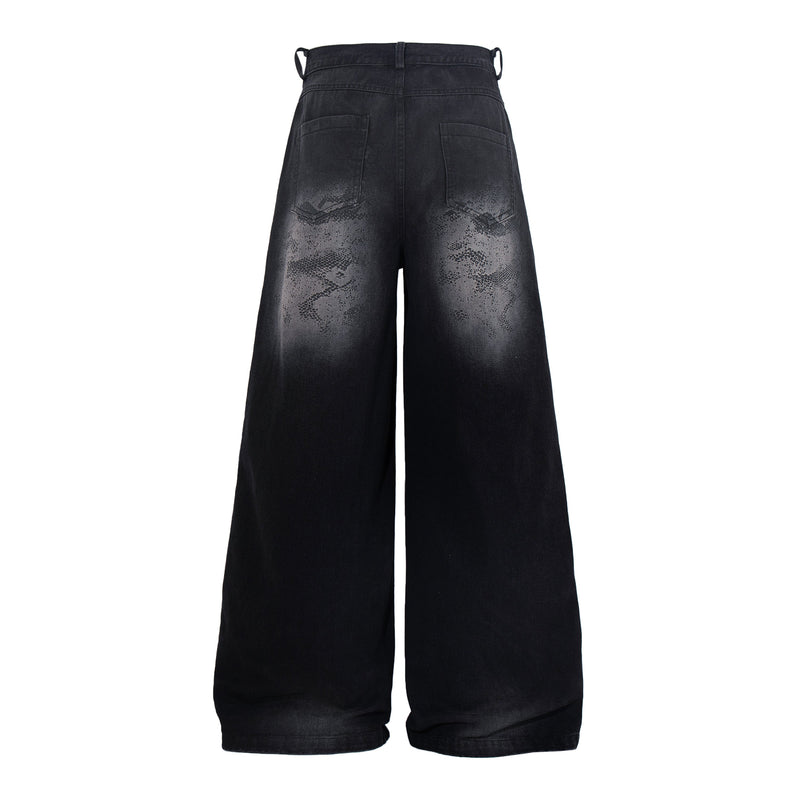 Back view of dark wide-leg jeans with back pockets and camo wash