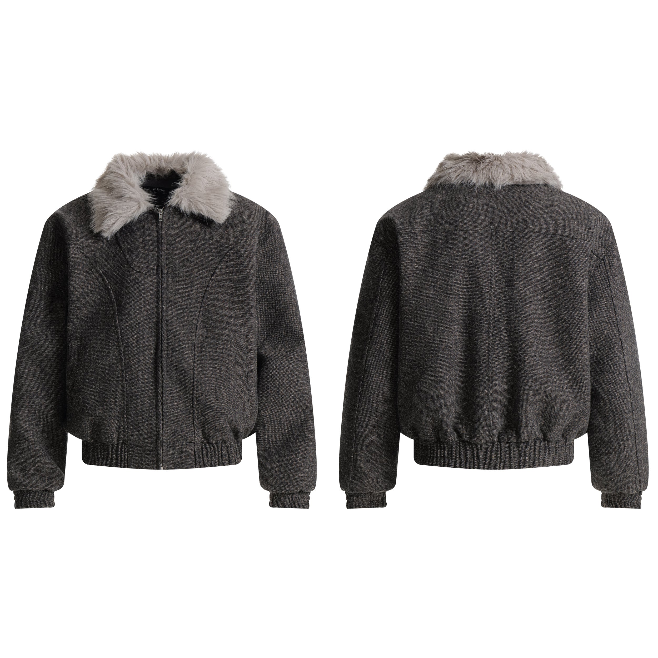 Charcoal grey wool-texture bomber jacket with soft grey faux-fur collar, zip front, and ribbed hem, shown front and back