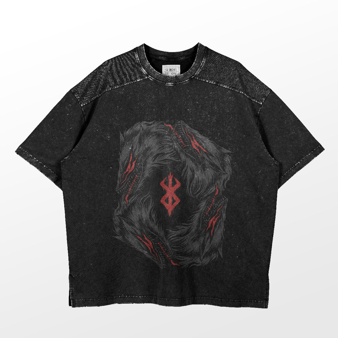 Berserk-Inspired Graphic T-Shirt – Brand of Sacrifice &amp; Beast of Darkness Design, Washed Black Oversized Tee