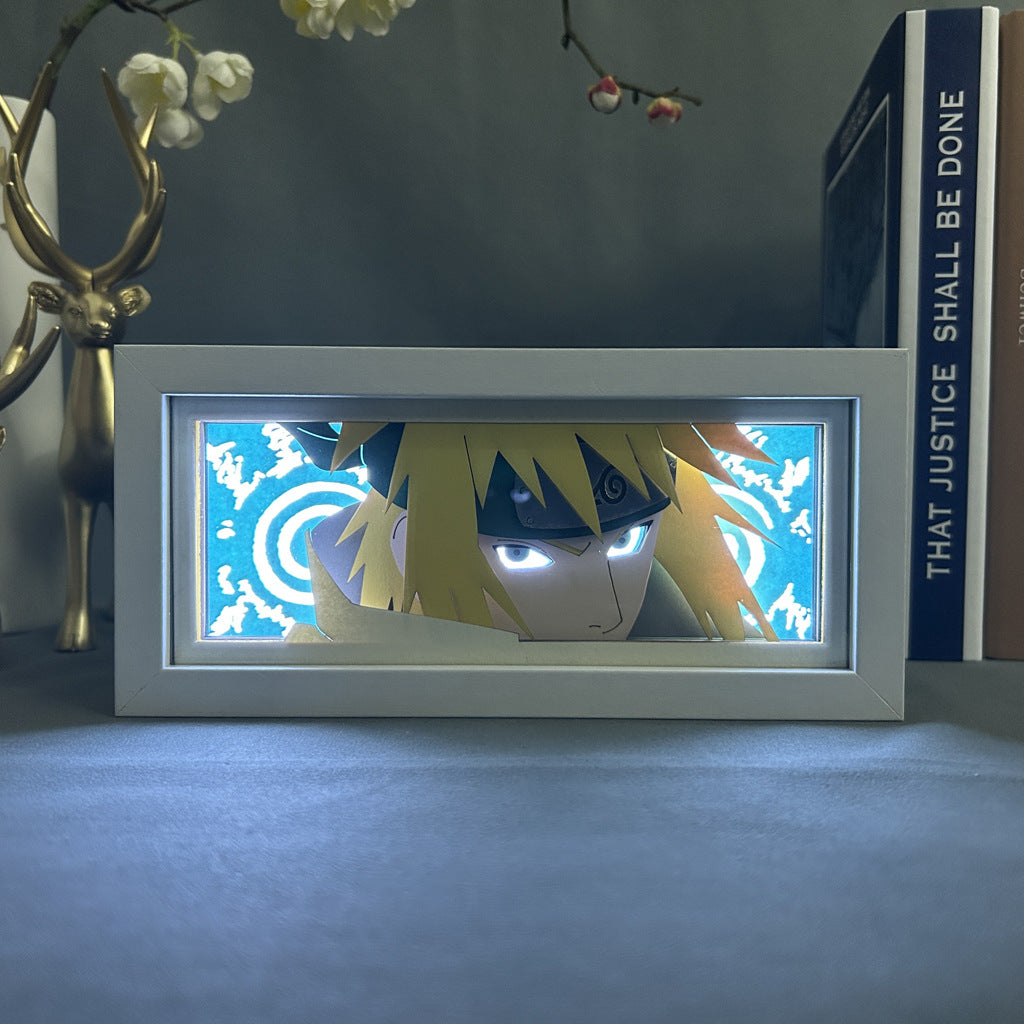 The Naruto Anime Light Box illuminates a dynamic 3D LED image of Minato Namikaze with spiky blond hair and intense eyes against swirling blue and white patterns, adding an enchanting touch to any table display.