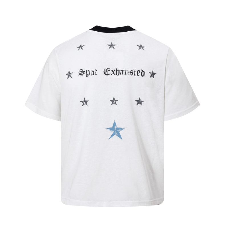 White oversized graphic tee with black collar, distressed star prints, and Spai Exhausted text on the back