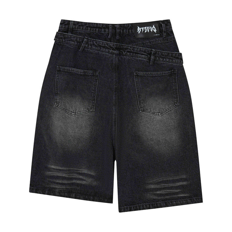 Black denim shorts back view with layered waistband, faded seat, and two patch pockets