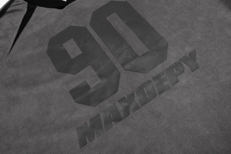 Gray mesh jersey tee with oversized black 90 MAXDEPY print for a bold streetwear look