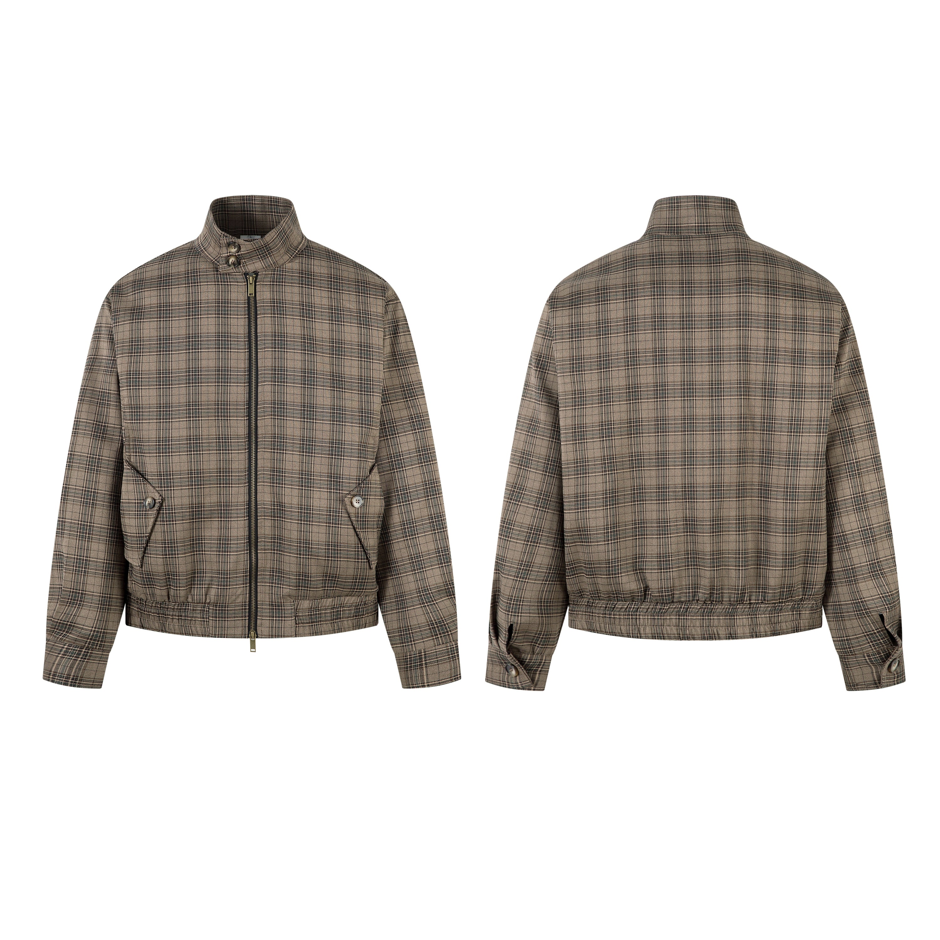 Front and back view of a brown plaid stand-collar zip jacket with angled buttoned pockets and elasticized hem