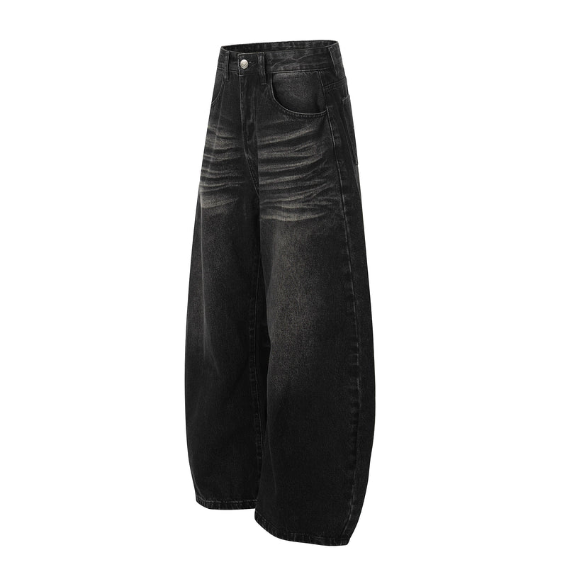 Black balloon wide-leg jeans with whisker wash, angled front view