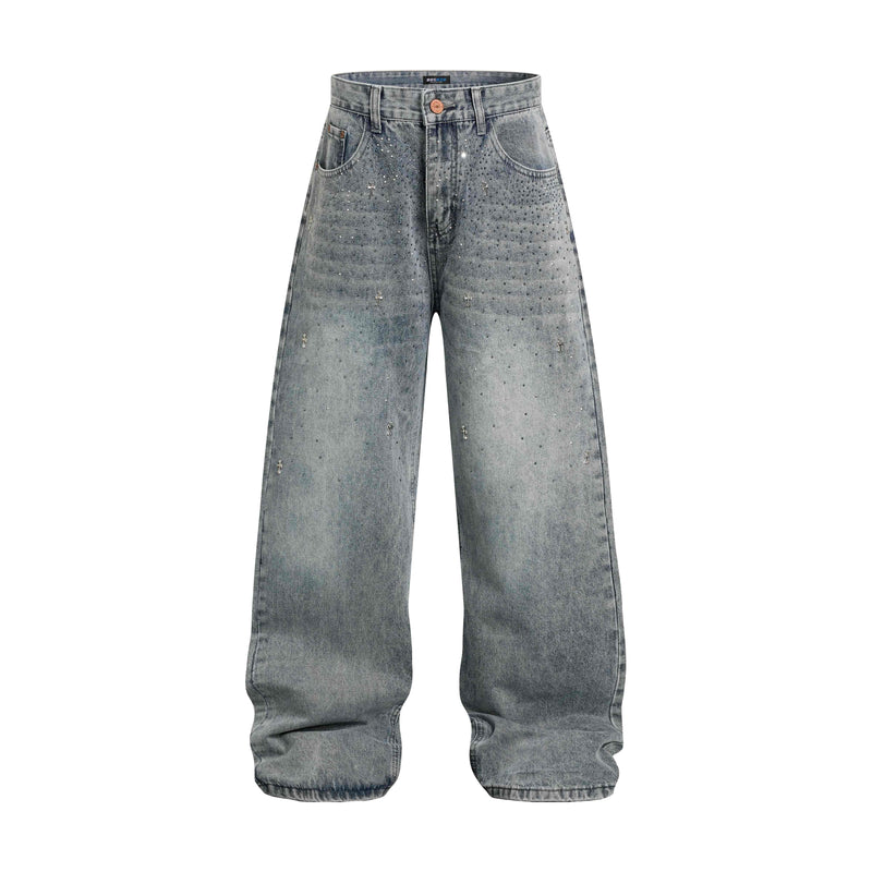 Front view of light wash rhinestone wide-leg jeans
