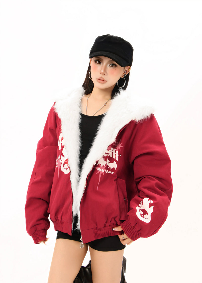 Faux Fur Collar Quilted Bomber Jacket | Streetwear Graphic