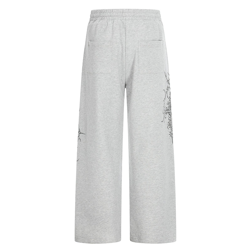 Gothic Line Graphic Wide-Leg Sweatpants with Side Rivets
