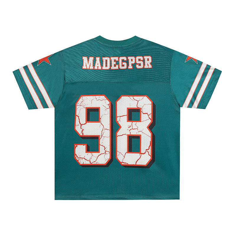 Teal streetwear football jersey with cracked white number 98, striped sleeves, and MADE6PSR across the back