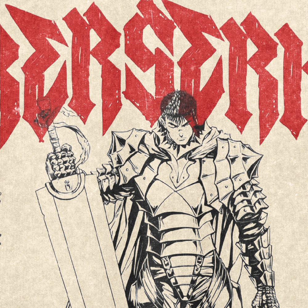 A detailed illustration of a character in Guts armor with a large sword and bold red lettering, reminiscent of manga art. Perfect for fans of Berserk T-shirts, this is part of the Berserk brand's anime streetwear collection. Made from 260 GSM high-quality cotton in a washed vintage style.
