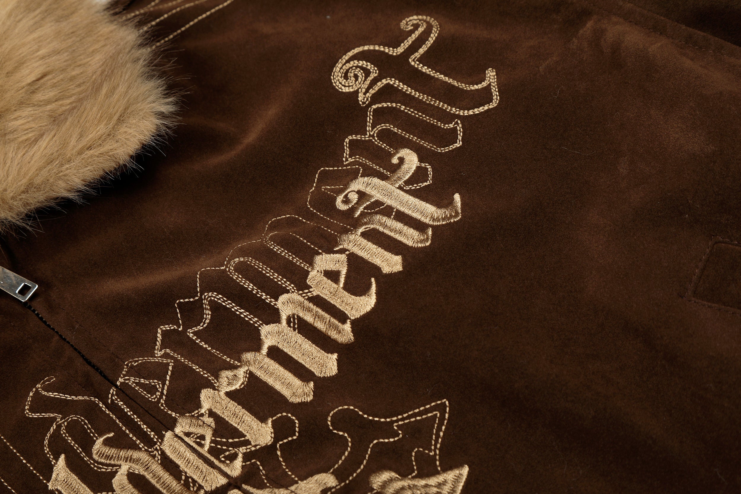 Gothic Cross Embroidered Faux Fur Collar Bomber Jacket