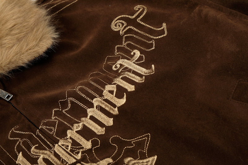 Gothic Cross Embroidered Faux Fur Collar Bomber Jacket