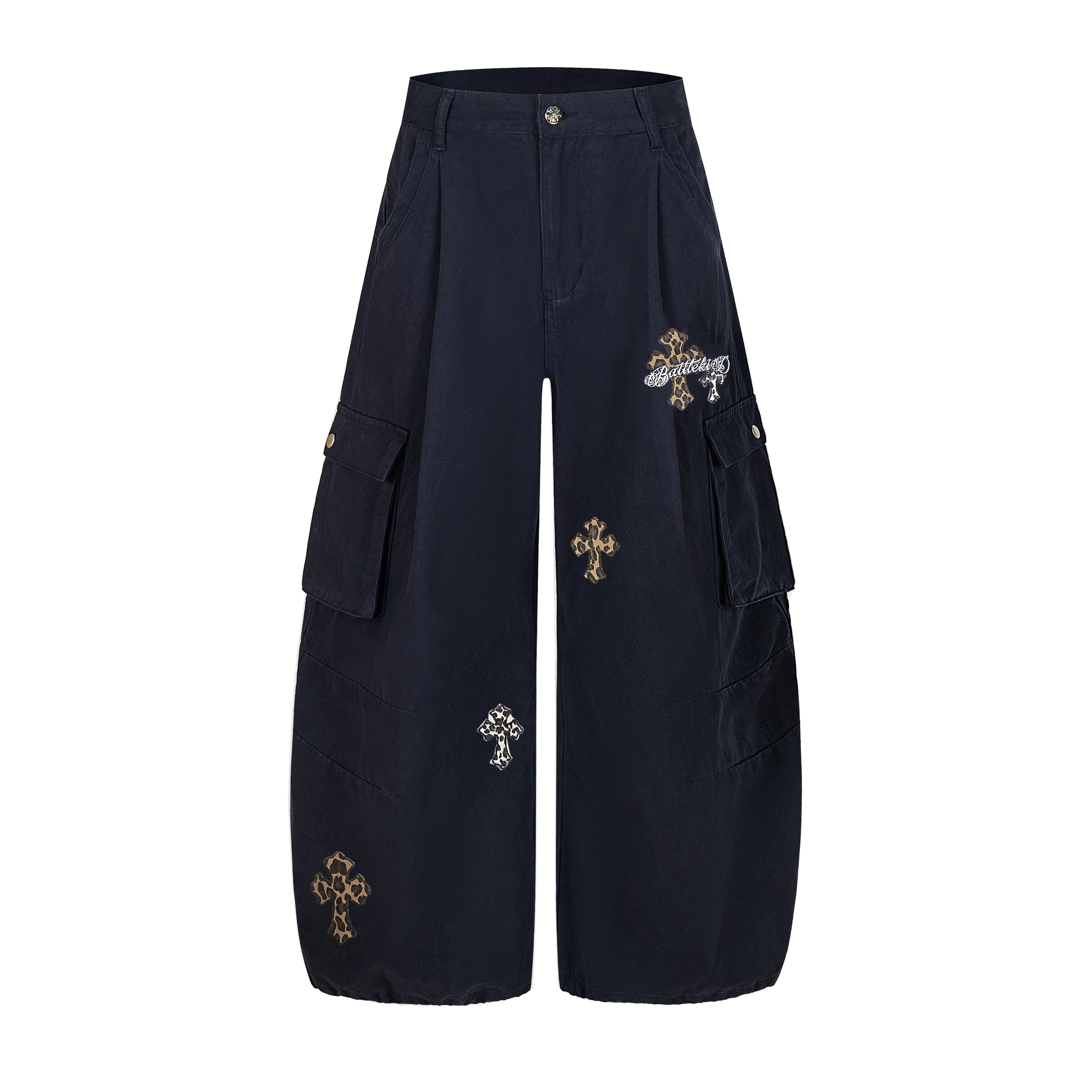 Leopard Cross Embroidered Wide-Leg Cargo Pants | Streetwear