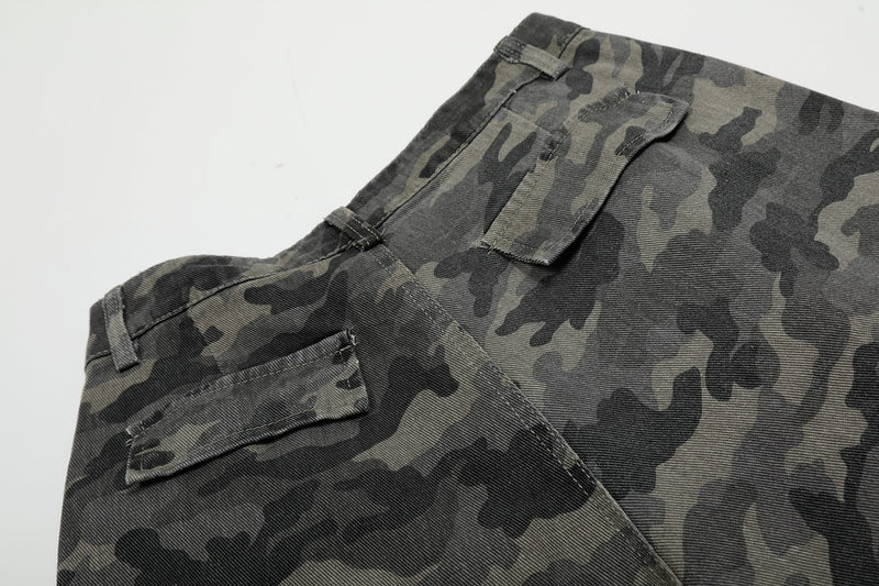 Side close-up of camouflage cargo shorts showing pocket flap and seam details