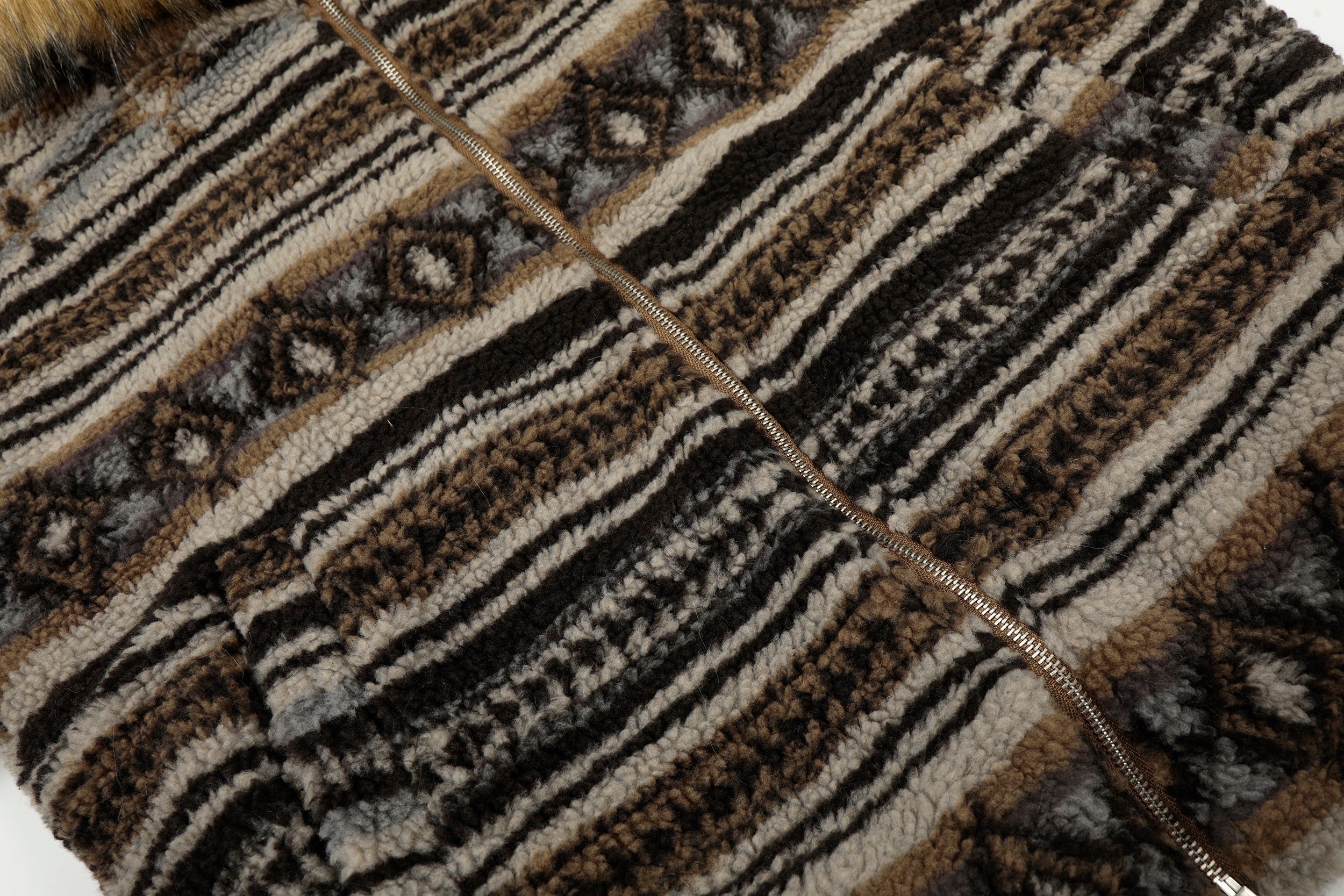 Nordic Faux Fur-Trim Hooded Zip Jacket | Ethnic Pattern