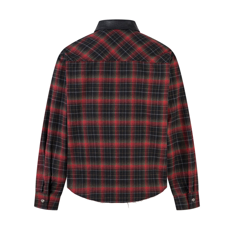 Back view of the red and black plaid flannel shirt jacket with faux-leather collar