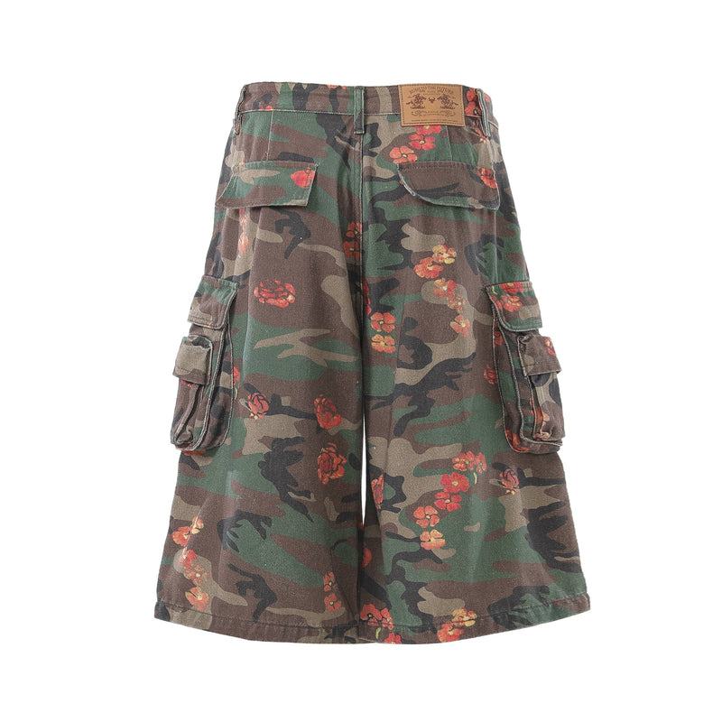 Back view of floral camo cargo shorts with rear pockets and label patch