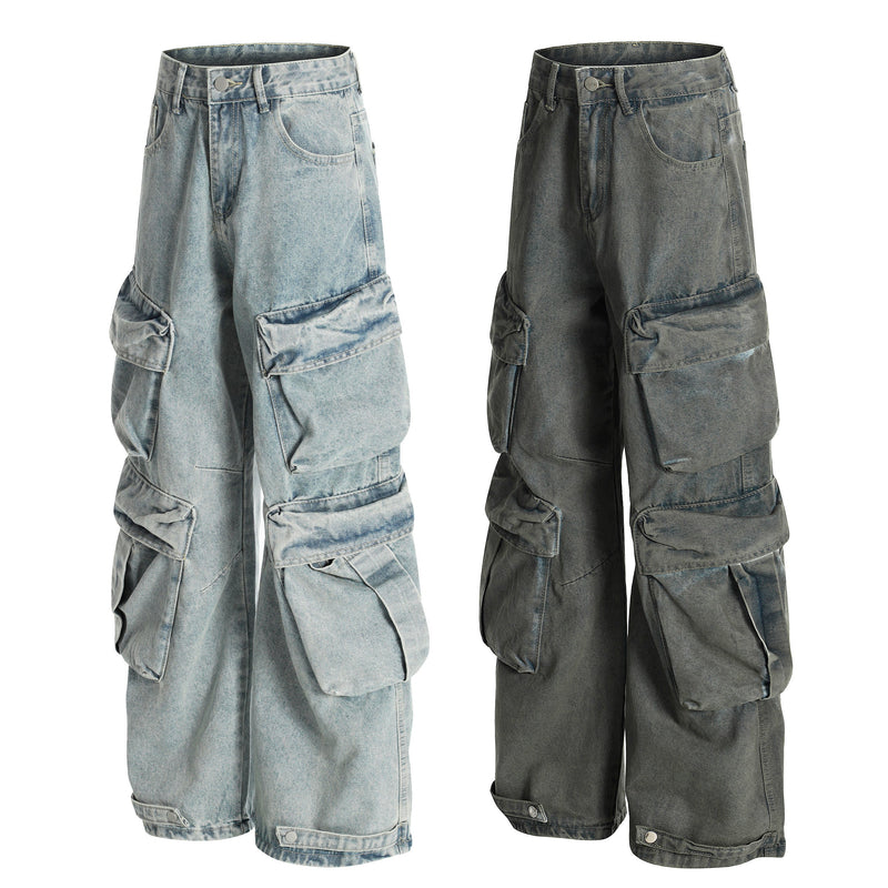 Wide-leg cargo denim pants shown in light and dark blue, front views