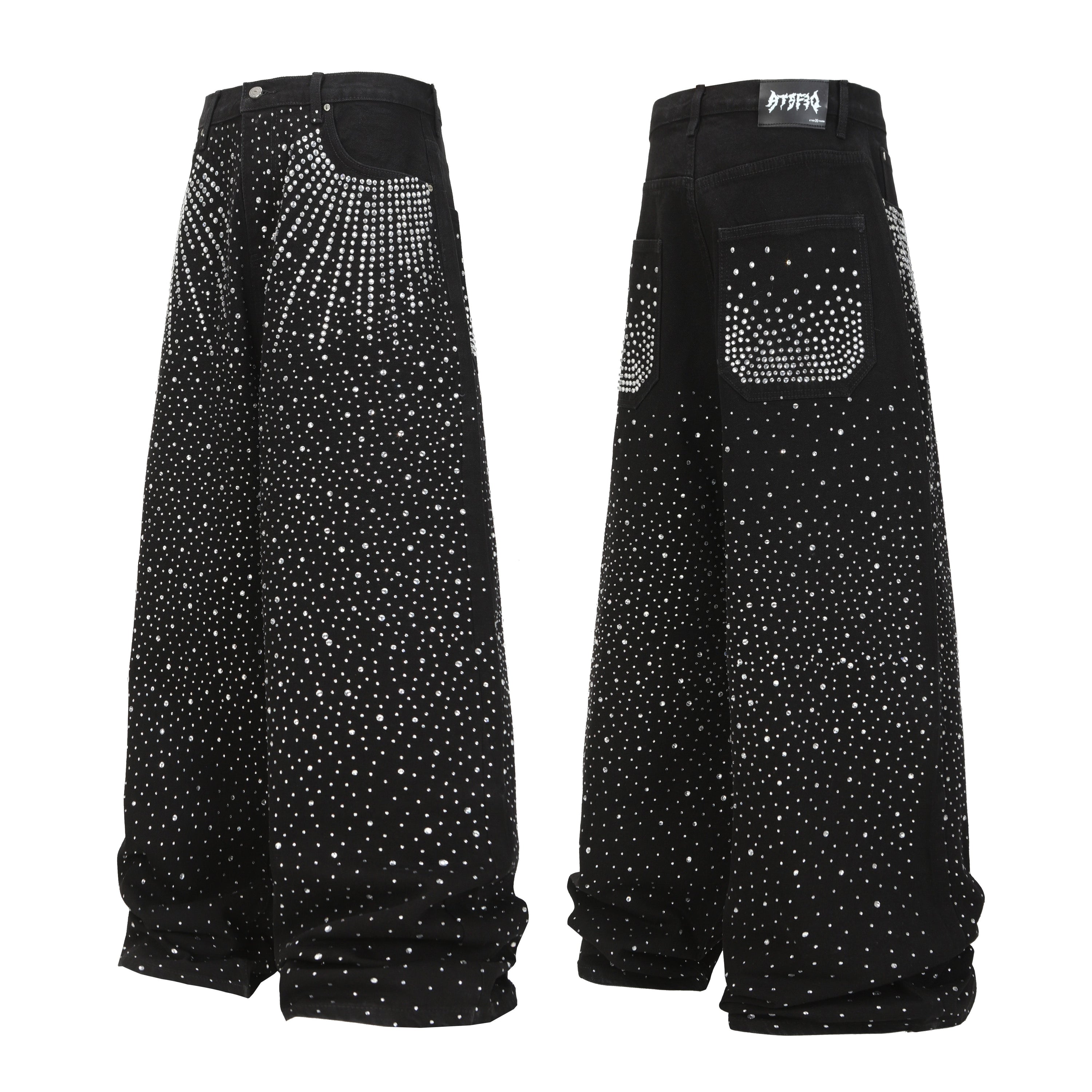 Black wide-leg jeans with all-over rhinestone galaxy gradient embellishments, front and back view on white background